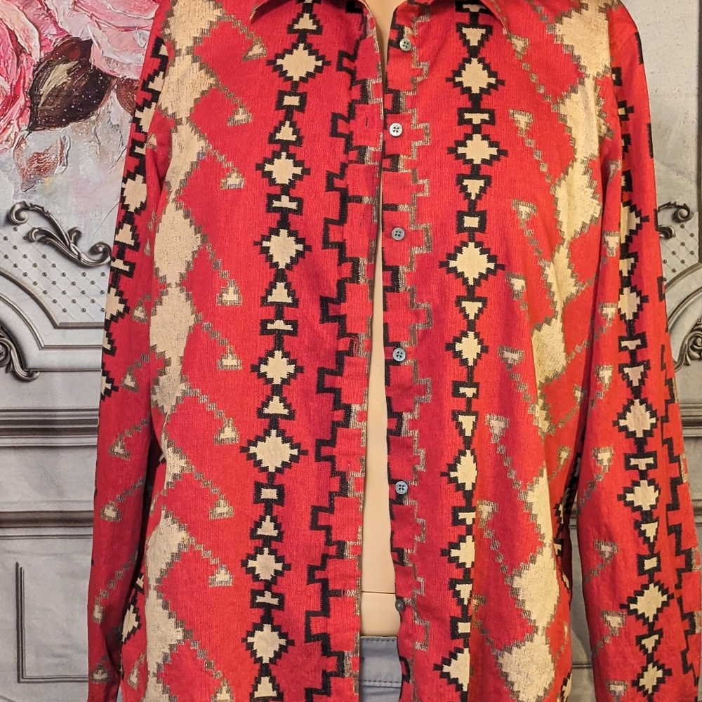XL Ladies Red, Black, Tan Mosaic/Aztec pattern long sleeve top, button front#002